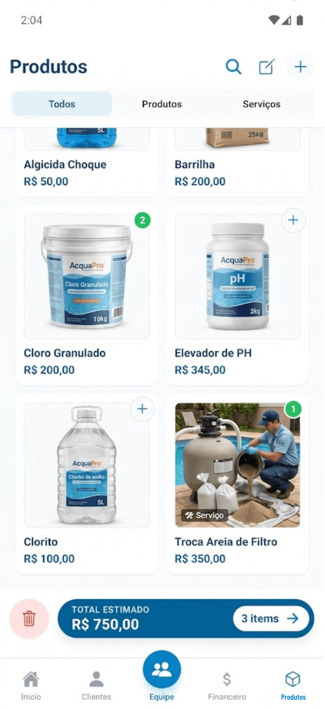 Tela de geração de orçamentos com produtos e serviços